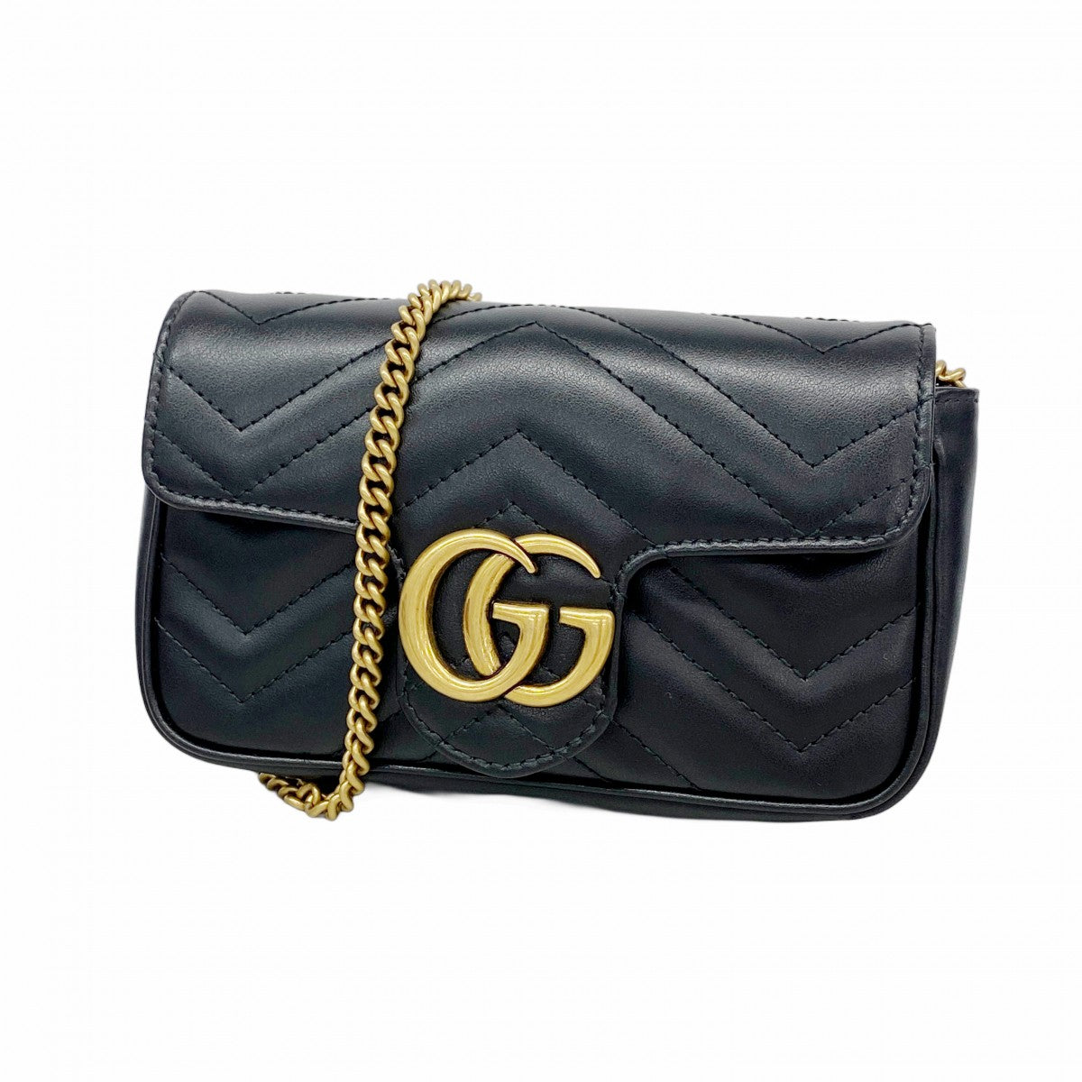 【6fa1428-k】グッチ ショルダーウォレット GGマーモント 476433 レザー ブラック ゴールド金具【中古】レディース