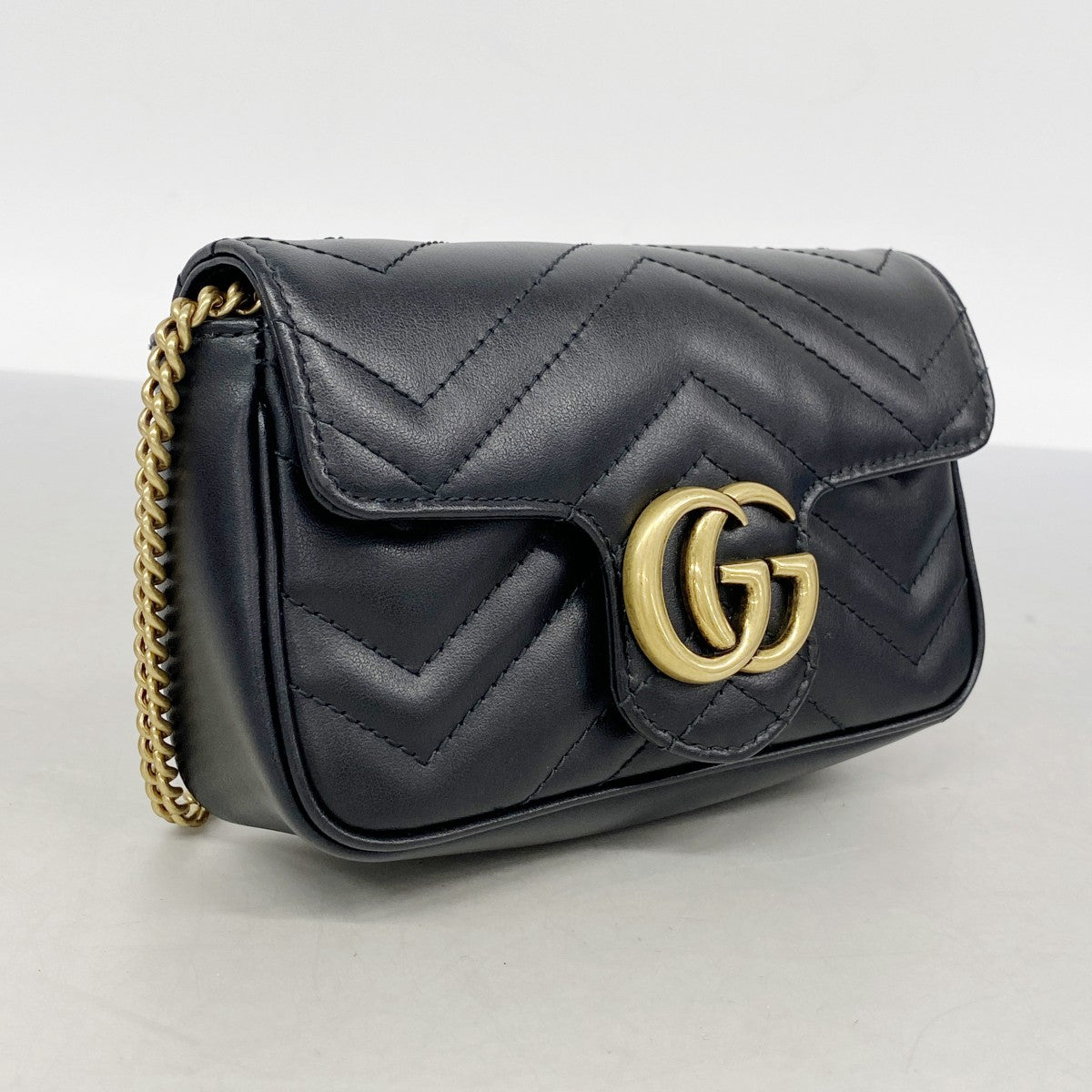 【6fa1428-k】グッチ ショルダーウォレット GGマーモント 476433 レザー ブラック ゴールド金具【中古】レディース