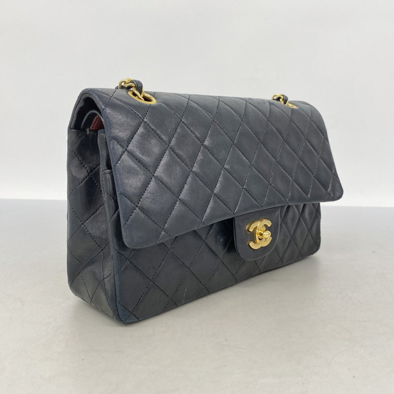【6fa1493】シャネル ショルダーバッグ マトラッセ Wフラップ Wチェーン ラムスキン ブラック ゴールド金具【中古】レディース