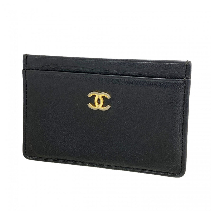 【6fa1561】シャネル カードケース レザー ブラック ゴールド金具【中古】レディース
