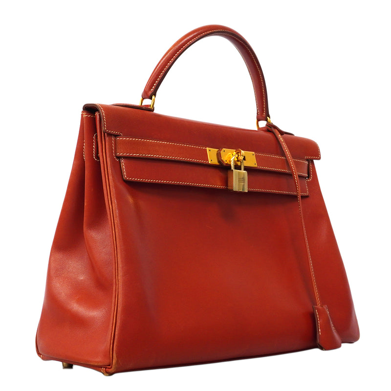 【6fa1747】エルメス ハンドバッグ ケリー32 ボックスカーフ サンギーヌ ゴールド金具 ○Z刻印【中古】レディース