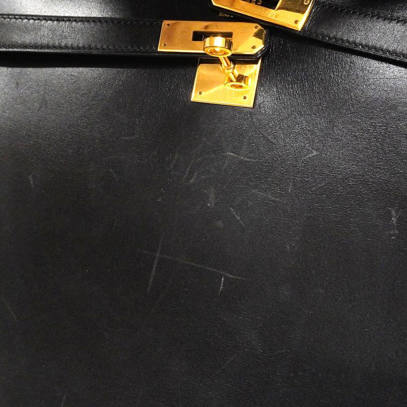【6fa1805】エルメス ハンドバッグ ケリー35 ボックスカーフ ブラック ゴールド金具 □A刻印【中古】レディース