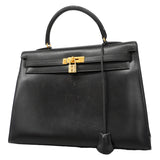 【6fa1805】エルメス ハンドバッグ ケリー35 ボックスカーフ ブラック ゴールド金具 □A刻印【中古】レディース
