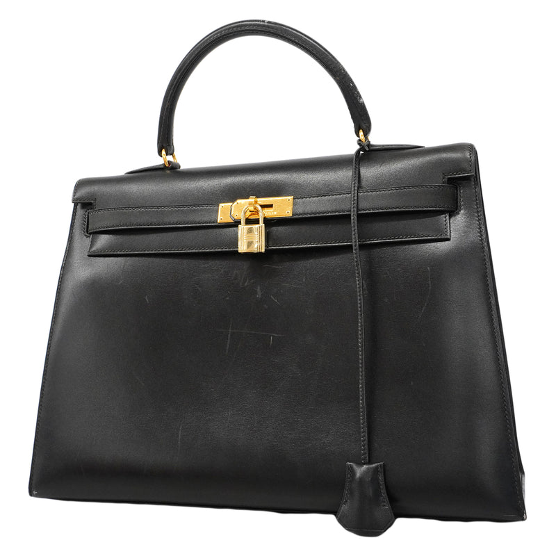 【6fa1805】エルメス ハンドバッグ ケリー35 ボックスカーフ ブラック ゴールド金具 □A刻印【中古】レディース