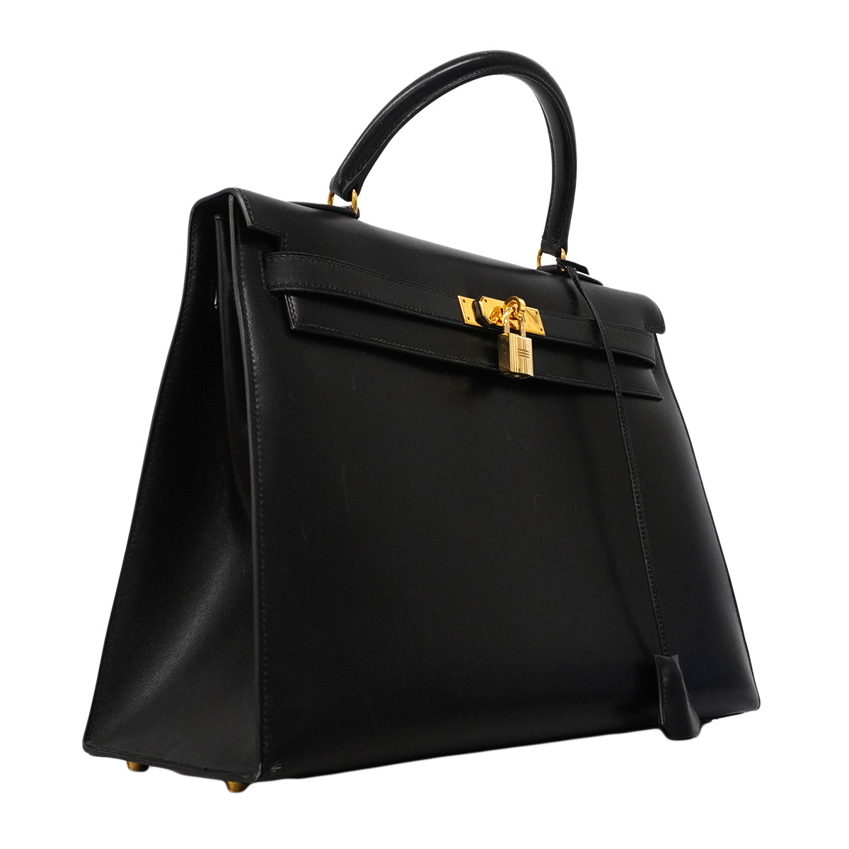 【6fa1805】エルメス ハンドバッグ ケリー35 ボックスカーフ ブラック ゴールド金具 □A刻印【中古】レディース