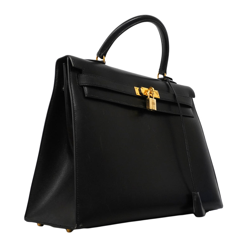 【6fa1805】エルメス ハンドバッグ ケリー35 ボックスカーフ ブラック ゴールド金具 □A刻印【中古】レディース