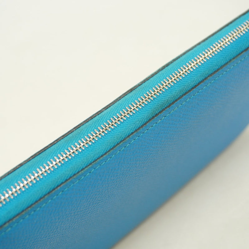 【6fa1879】エルメス 長財布 アザップロングシルクイン ヴォーエプソン ブルーザンジバル シルバー金具 A刻印【中古】レディース