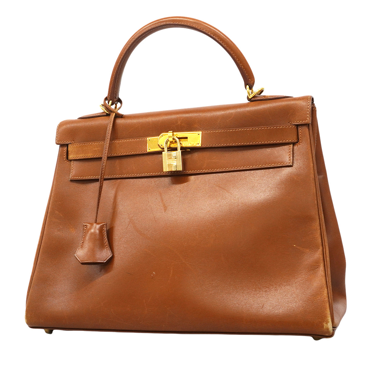 【6fa1902】エルメス ハンドバッグ ケリー32 ボックスカーフ シガール ゴールド金具 □F刻印【中古】レディース