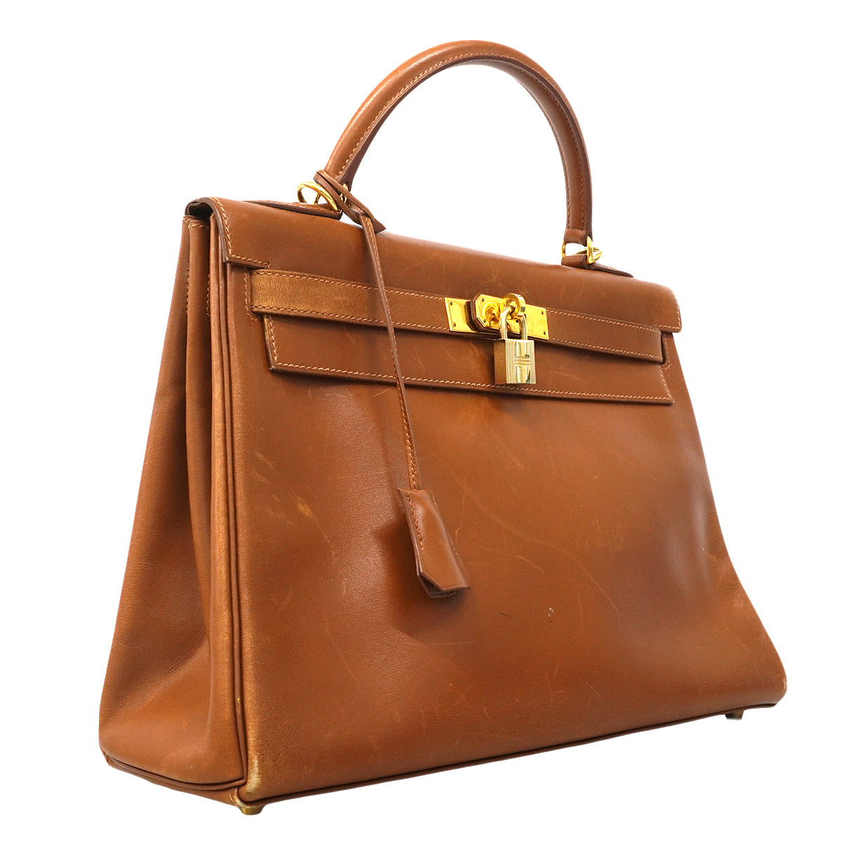 【6fa1902】エルメス ハンドバッグ ケリー32 ボックスカーフ シガール ゴールド金具 □F刻印【中古】レディース