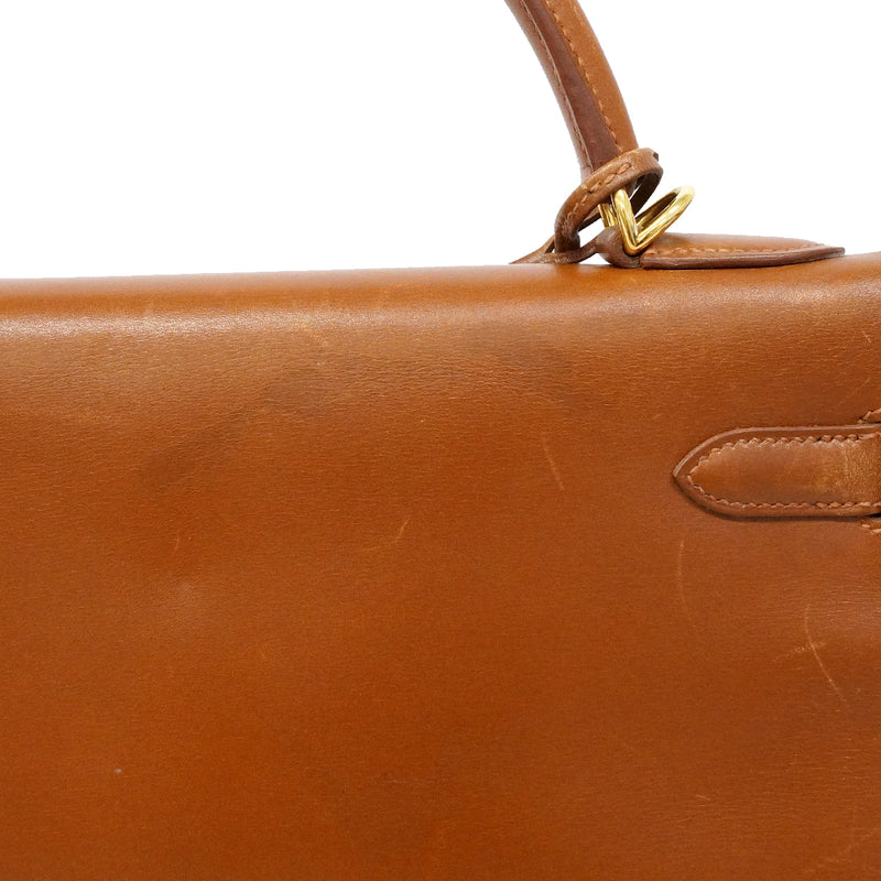 【6fa1902】エルメス ハンドバッグ ケリー32 ボックスカーフ シガール ゴールド金具 □F刻印【中古】レディース