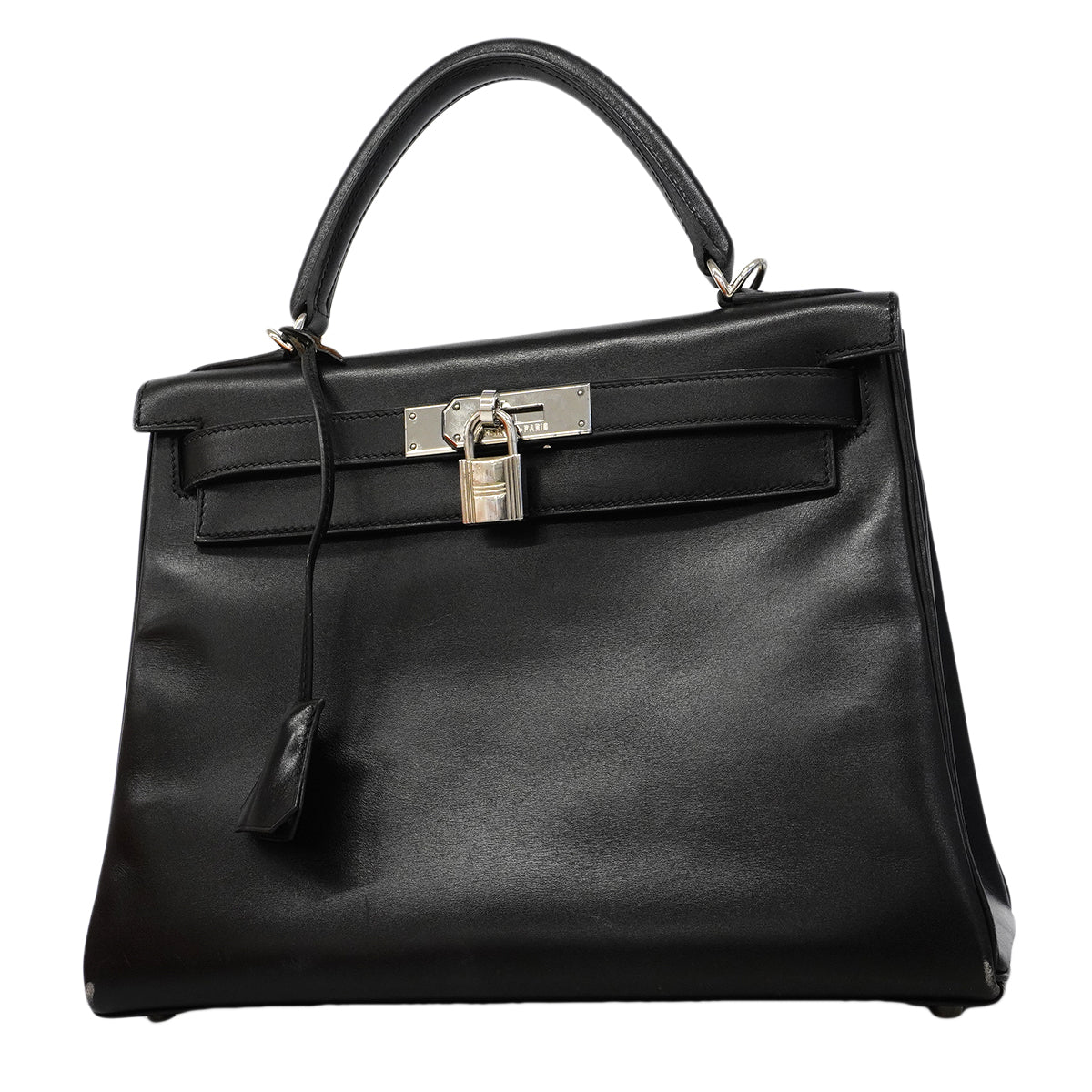 【6fa1918】エルメス ハンドバッグ ケリー28 ボックスカーフ ブラック シルバー金具 □G刻印【中古】レディース