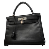 【6fa1918】エルメス ハンドバッグ ケリー28 ボックスカーフ ブラック シルバー金具 □G刻印【中古】レディース