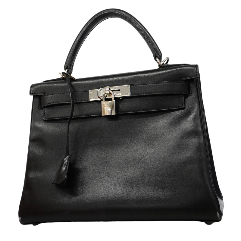 【6fa1918】エルメス ハンドバッグ ケリー28 ボックスカーフ ブラック シルバー金具 □G刻印【中古】レディース