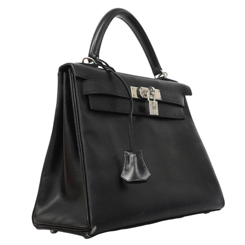 【6fa1918】エルメス ハンドバッグ ケリー28 ボックスカーフ ブラック シルバー金具 □G刻印【中古】レディース