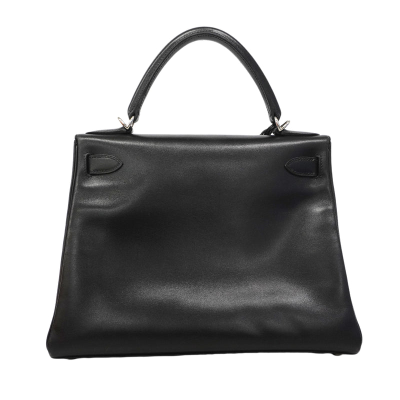 【6fa1918】エルメス ハンドバッグ ケリー28 ボックスカーフ ブラック シルバー金具 □G刻印【中古】レディース