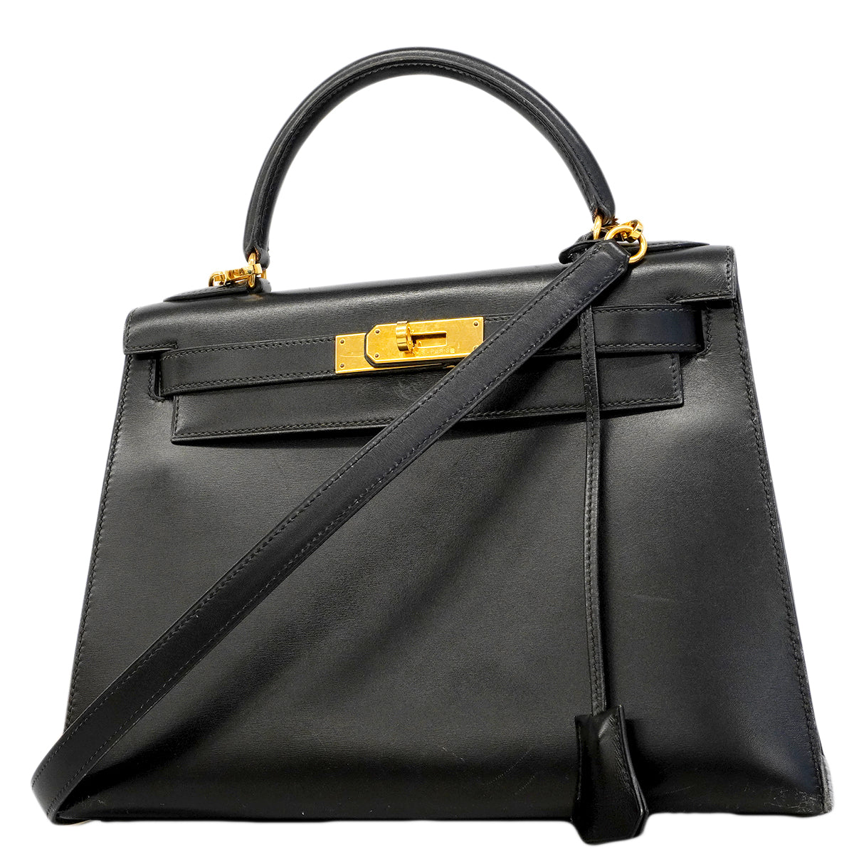 【6fa1928】エルメス ハンドバッグ ケリー28 ボックスカーフ ブラック ゴールド金具 〇U刻印 2wayバッグ【中古】レディース