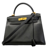 【6fa1928】エルメス ハンドバッグ ケリー28 ボックスカーフ ブラック ゴールド金具 〇U刻印 2wayバッグ【中古】レディース