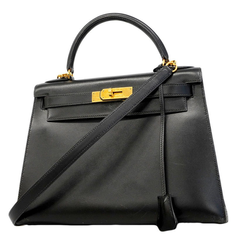 【6fa1928】エルメス ハンドバッグ ケリー28 ボックスカーフ ブラック ゴールド金具 〇U刻印 2wayバッグ【中古】レディース