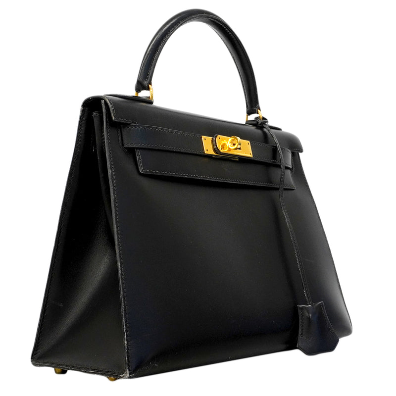 【6fa1928】エルメス ハンドバッグ ケリー28 ボックスカーフ ブラック ゴールド金具 〇U刻印 2wayバッグ【中古】レディース