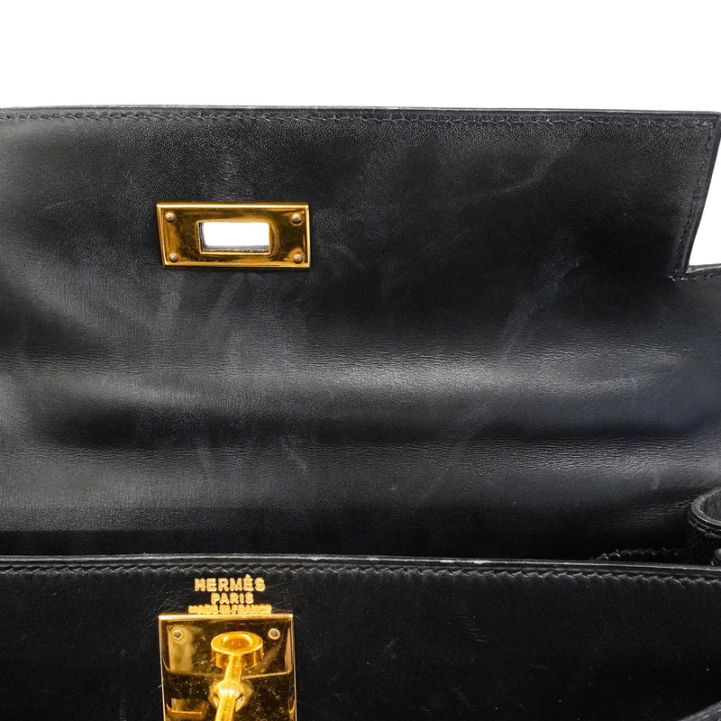 【6fa1928】エルメス ハンドバッグ ケリー28 ボックスカーフ ブラック ゴールド金具 〇U刻印 2wayバッグ【中古】レディース
