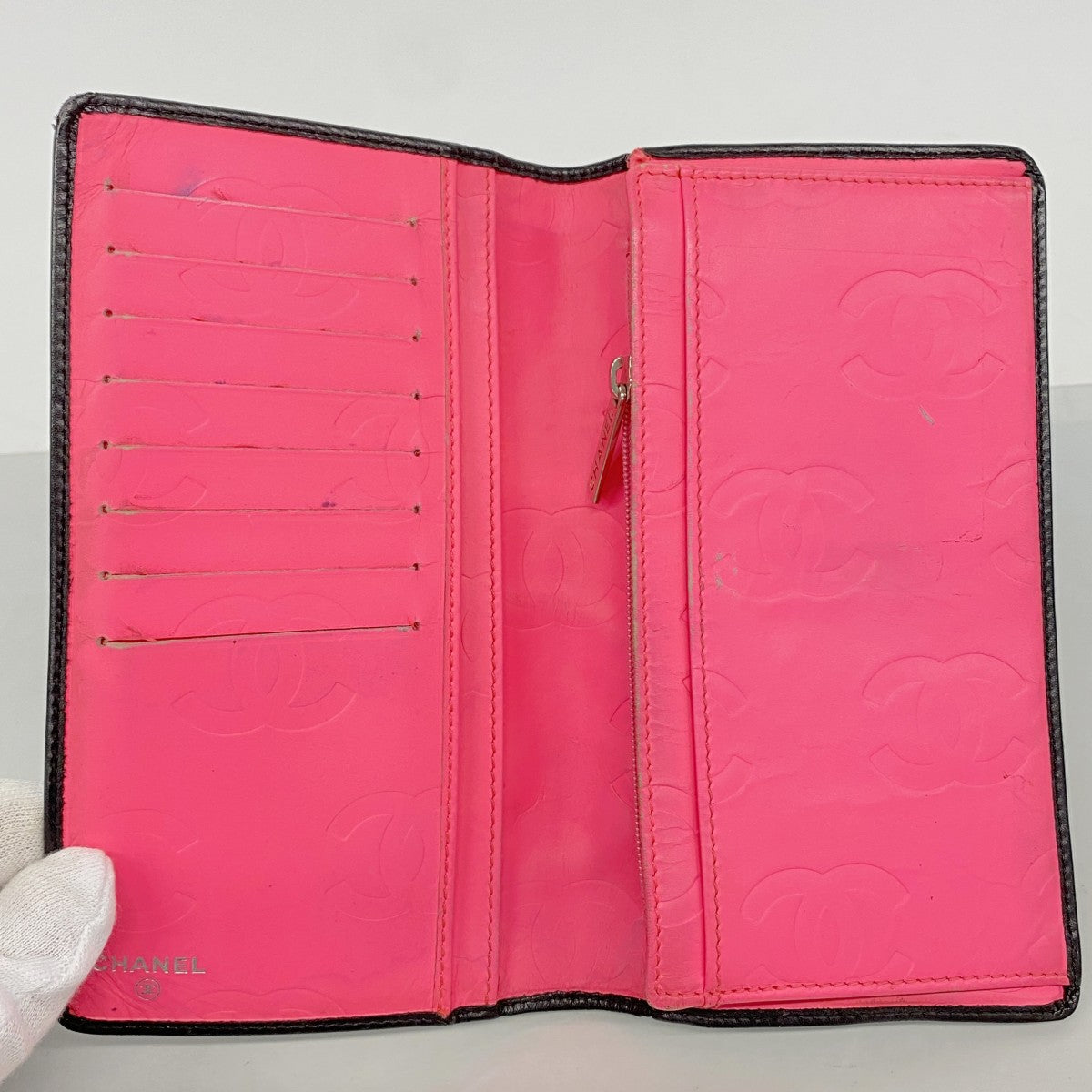 【6fb1987】シャネル 長財布 カンボン ラムスキン ブラック シルバー金具【中古】レディース