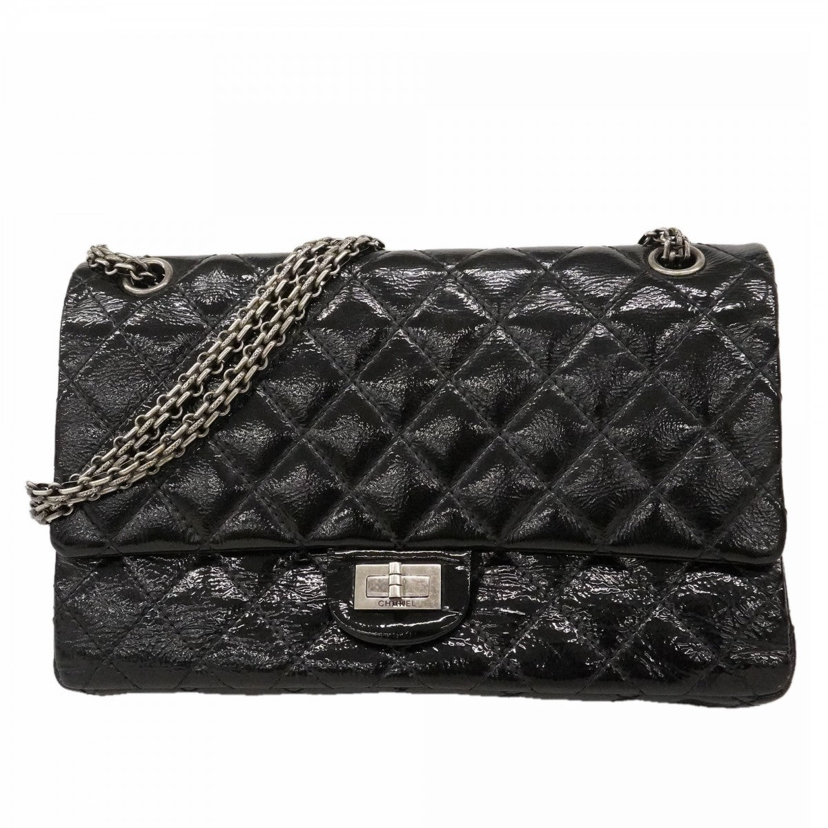 【6fb2306-k】シャネル ショルダーバッグ 2.55 Wフラップ Wチェーン パテントレザー ブラック シルバー金具【中古】レディース