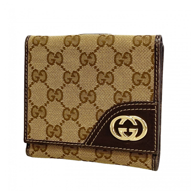 【6fb2318-k】グッチ 財布 GGキャンバス 181594 キャンバス ベージュ ブラウン ゴールド金具【中古】レディース