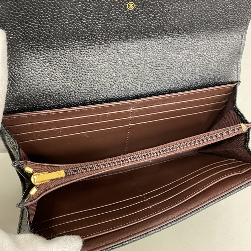 【6fb2399-k】シャネル 長財布 マトラッセ キャビアスキン ブラック ゴールド金具【中古】レディース