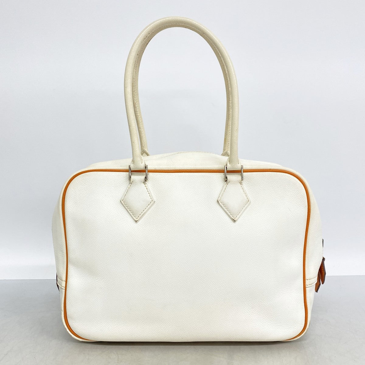 【6fb2524】エルメス ハンドバッグ プリュム28 ヴォーエプソン ホワイト オレンジ シルバー金具 □I刻印【中古】レディース