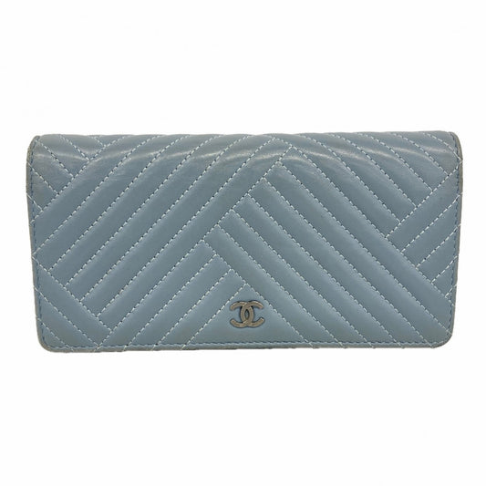 【6fb2538-k】シャネル 長財布 ラムスキン ブルー シルバー金具【中古】レディース