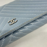 【6fb2538-k】シャネル 長財布 ラムスキン ブルー シルバー金具【中古】レディース