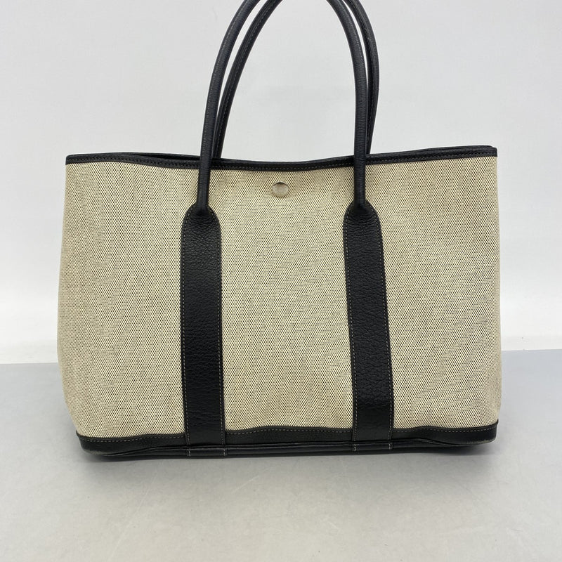 【6fb2766】エルメス トートバッグ ガーデンパーティPM トワルアッシュ ブラック ベージュ シルバー金具 □J刻印【中古】レディース
