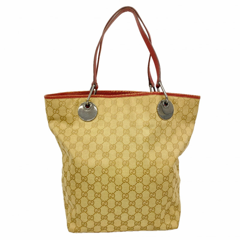 【6fb2792-k】グッチ トートバッグ GGキャンバス 120836 キャンバス ベージュ レッド シルバー金具【中古】レディース