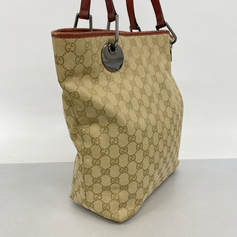 【6fb2792-k】グッチ トートバッグ GGキャンバス 120836 キャンバス ベージュ レッド シルバー金具【中古】レディース