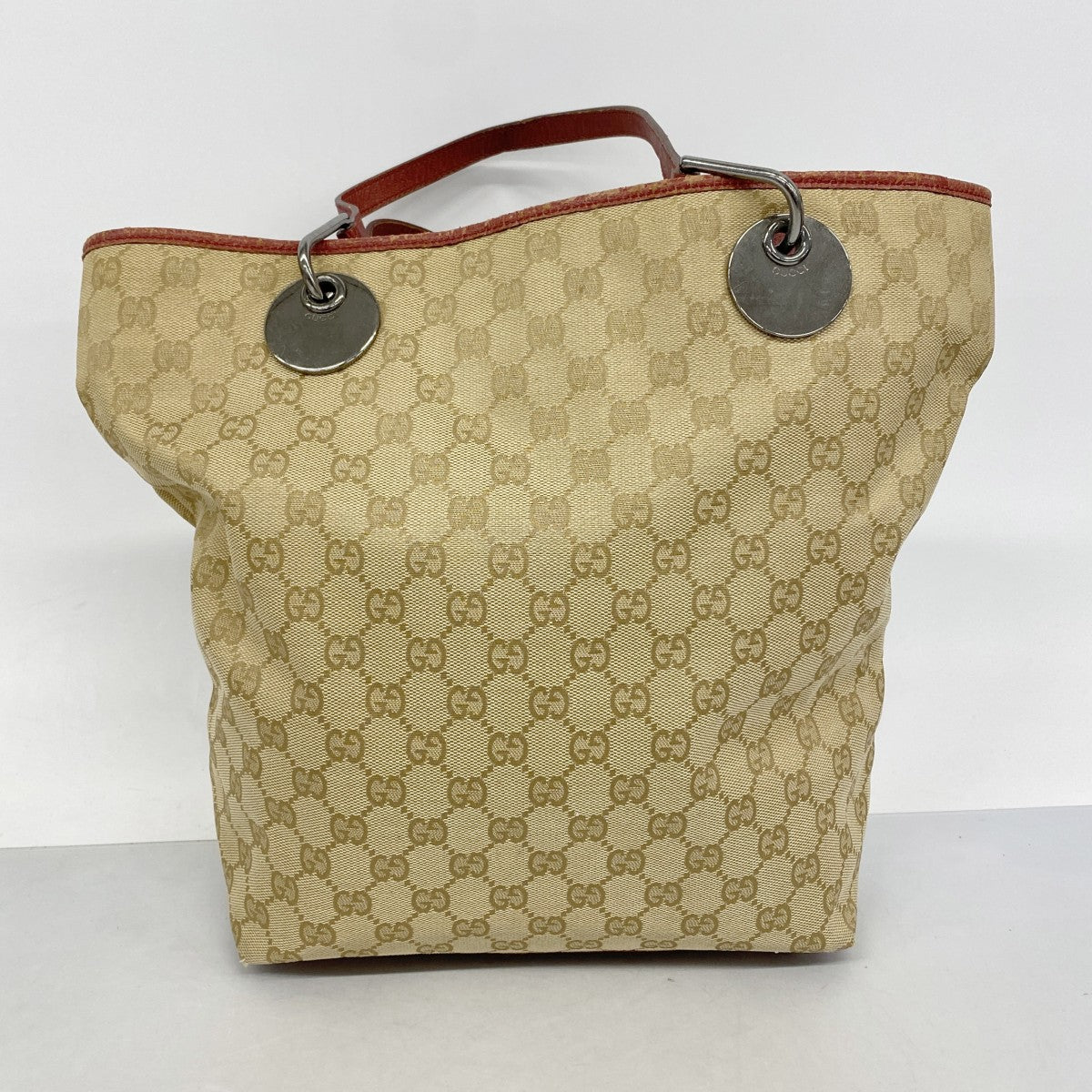 【6fb2792-k】グッチ トートバッグ GGキャンバス 120836 キャンバス ベージュ レッド シルバー金具【中古】レディース