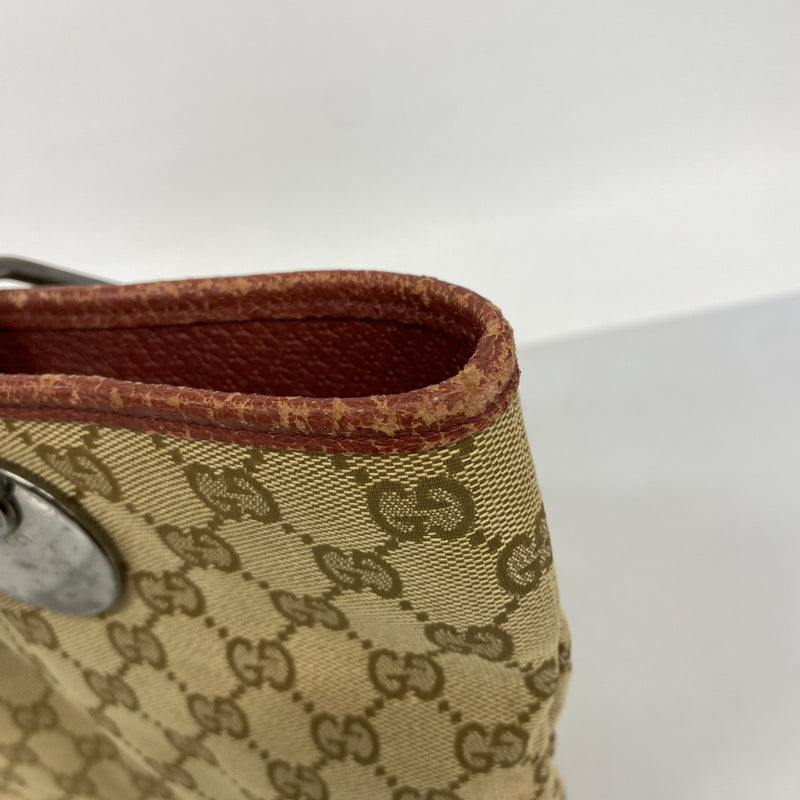 【6fb2792-k】グッチ トートバッグ GGキャンバス 120836 キャンバス ベージュ レッド シルバー金具【中古】レディース