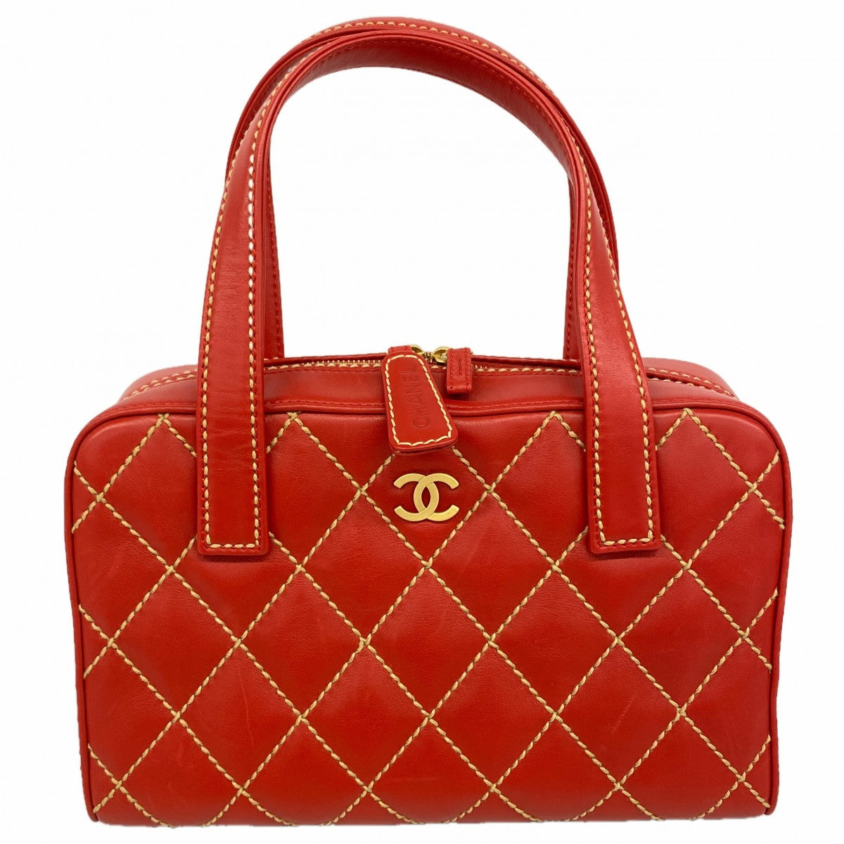 【6fb2844-k】シャネル ハンドバッグ ワイルドステッチ レザー レッド ゴールド金具【中古】レディース