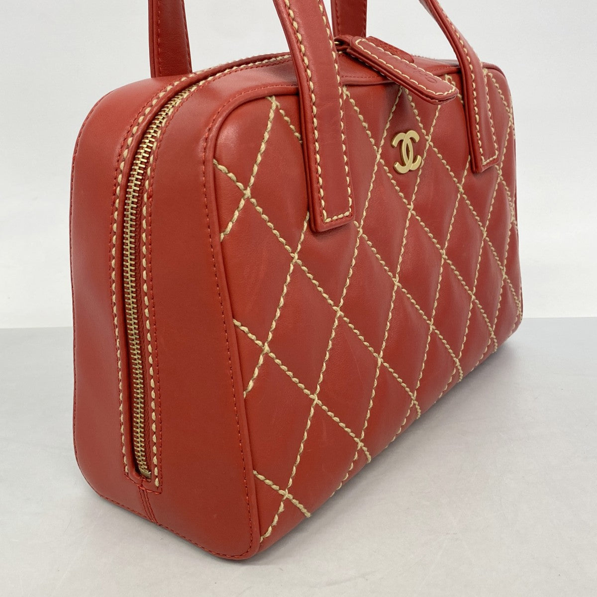 【6fb2844-k】シャネル ハンドバッグ ワイルドステッチ レザー レッド ゴールド金具【中古】レディース