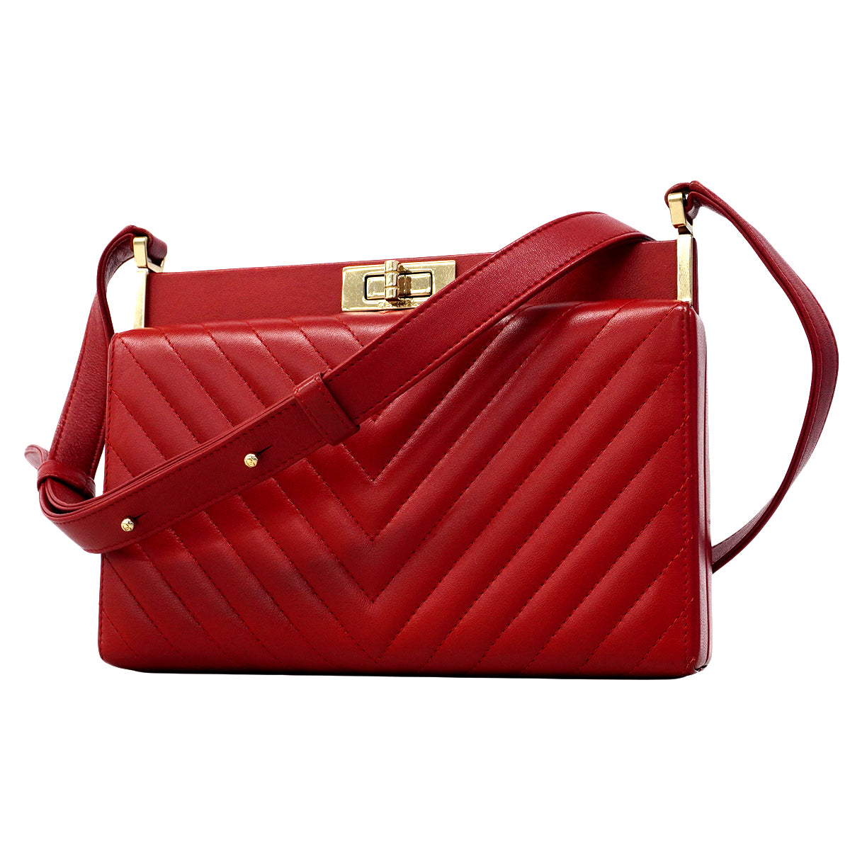 【6fb2952】シャネル ショルダーバッグ Vステッチ 2.55 ラムスキン レッド シャンパンゴールド金具【中古】レディース