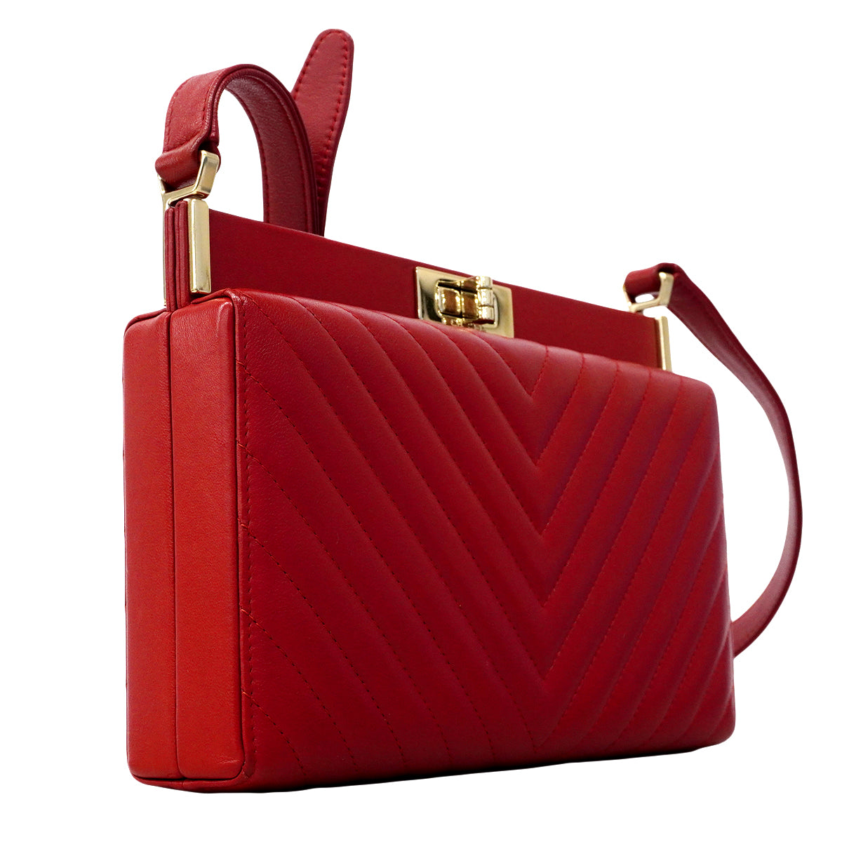 【6fb2952】シャネル ショルダーバッグ Vステッチ 2.55 ラムスキン レッド シャンパンゴールド金具【中古】レディース
