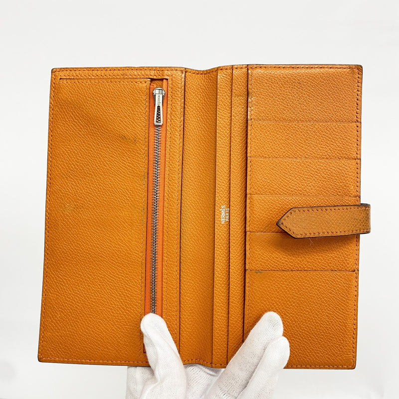 【6fb3126】エルメス 長財布 ベアン ヴォーエプソン オレンジ シルバー金具 □I刻印【中古】レディース