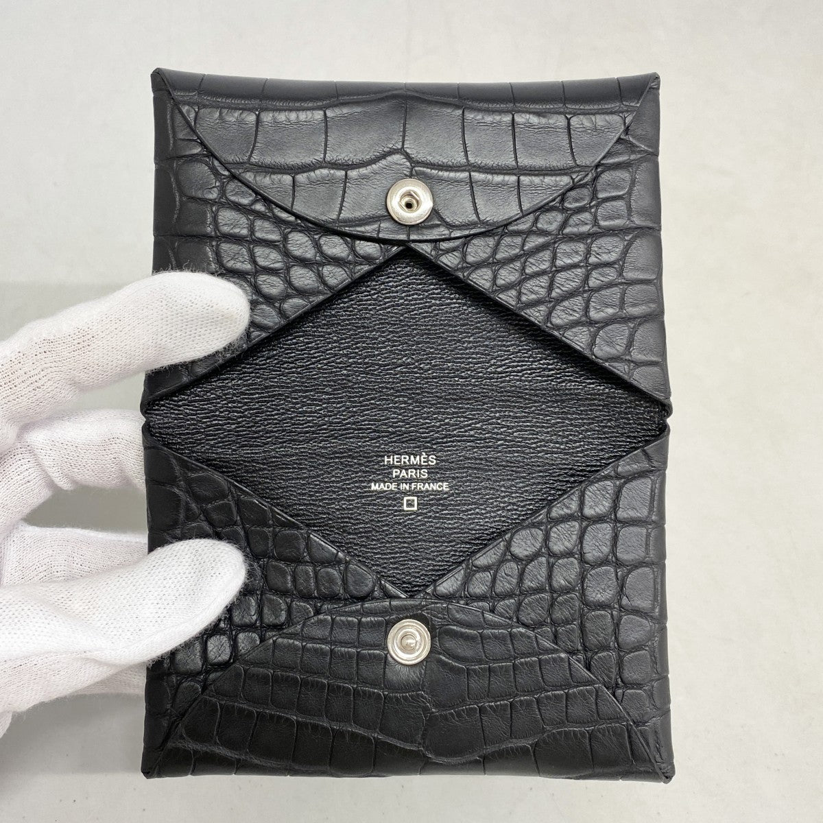 【6fb3129】エルメス 名刺入れ カルヴィ アリゲーターマット ブラック シルバー金具 K刻印【中古】メンズ レディース ユニセックス