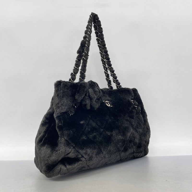 【6fb3180-k】シャネル チェーントート マトラッセ カメリア ファー ブラック シルバー金具【中古】レディース