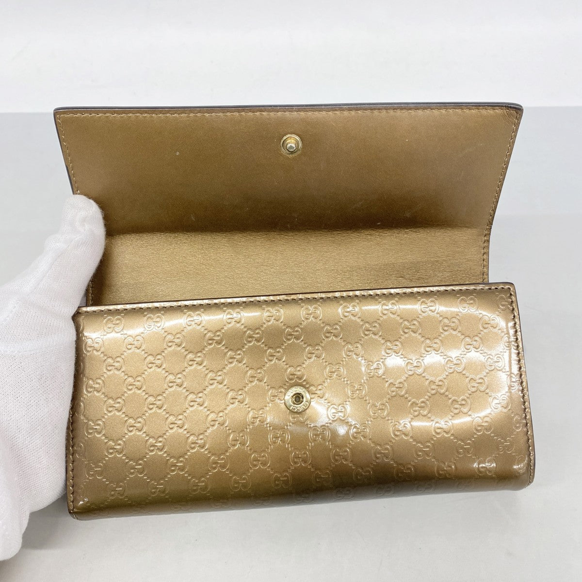【6fb3188-k】グッチ 長財布 マイクログッチシマ 245728 エナメル ブロンズ ゴールド金具【中古】レディース