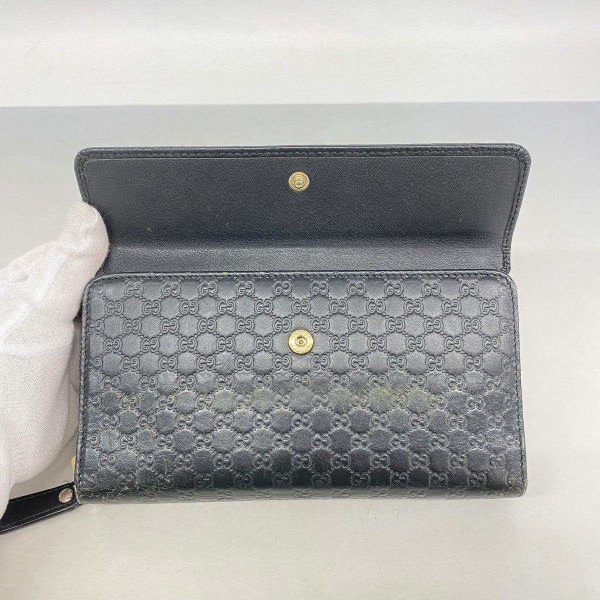 【6fb3189-k】グッチ 長財布 マイクログッチシマ 449364 レザー ブラック ゴールド金具【中古】レディース