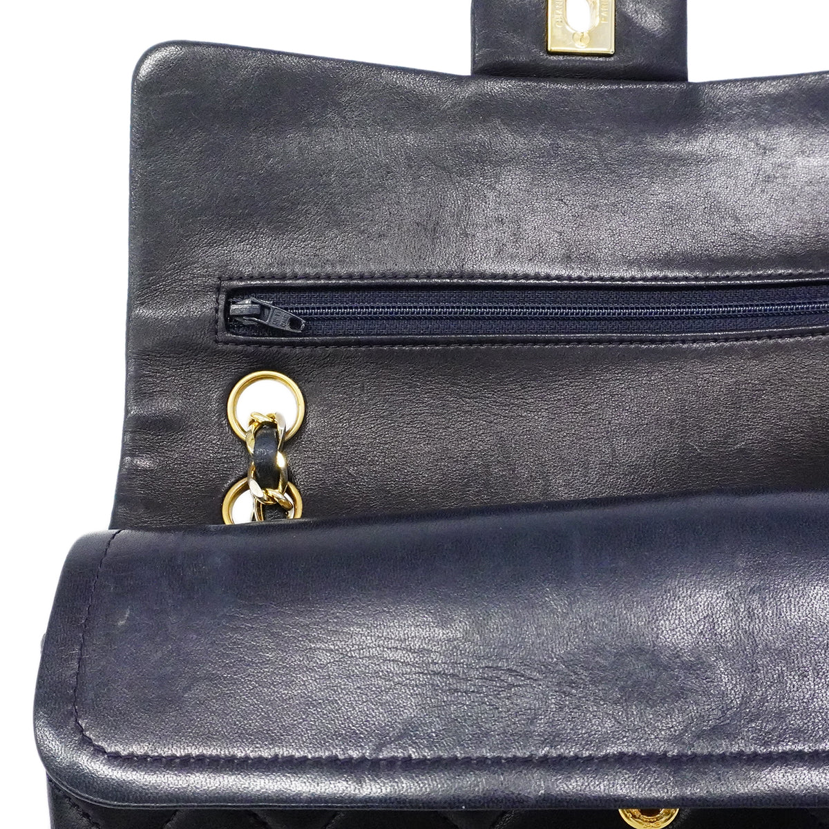 【6fb3220】シャネル ショルダーバッグ マトラッセ Wフラップ Wチェーン ラムスキン ネイビー ゴールド金具【中古】レディース