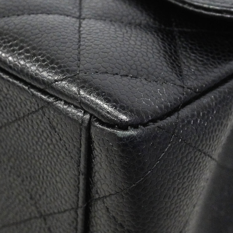 【6fc3246】シャネル ショルダーバッグ デカマトラッセ Wフラップ Wチェーン キャビアスキン ブラック シルバー金具【中古】レディース