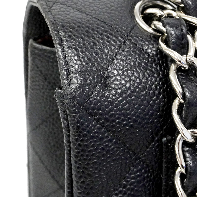【6fc3246】シャネル ショルダーバッグ デカマトラッセ Wフラップ Wチェーン キャビアスキン ブラック シルバー金具【中古】レディース