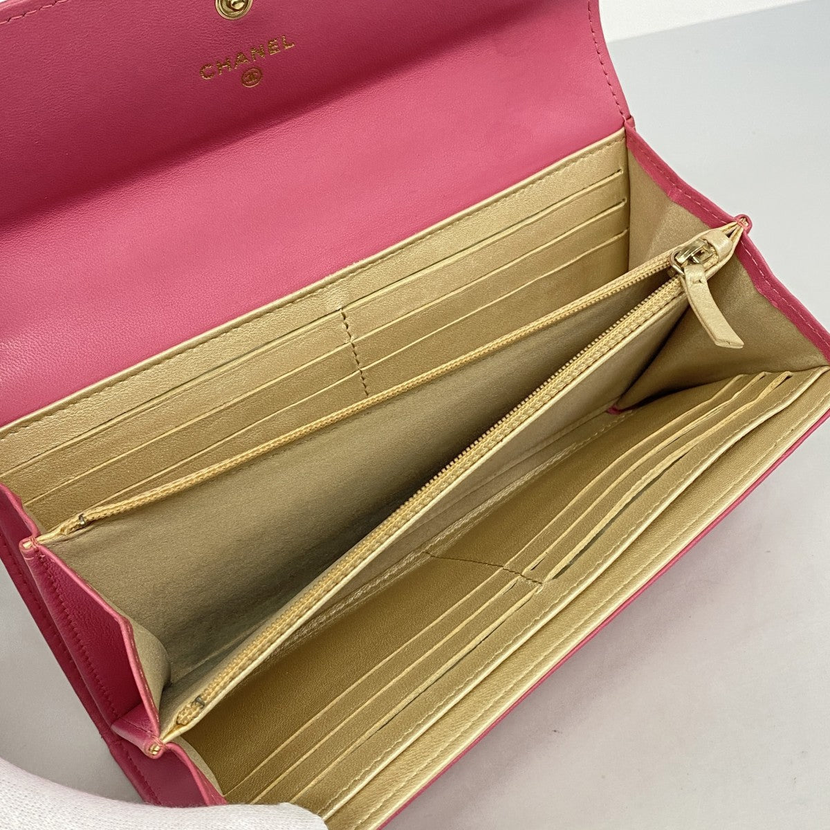 【6fc3488】シャネル 長財布 カメリア ラムスキン ピンク シャンパンゴールド金具【中古】レディース