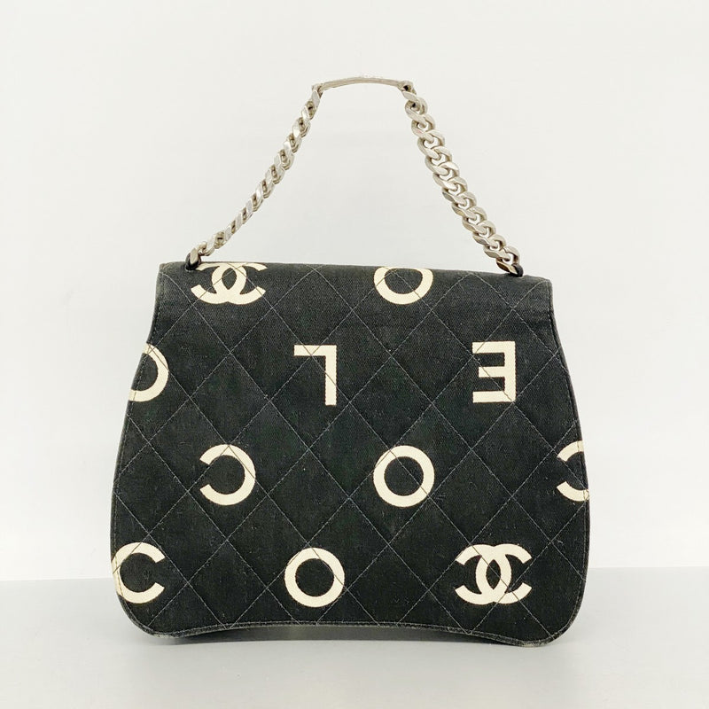 【6fc3556】シャネル ハンドバッグ キャンバス ブラック ホワイト シルバー金具【中古】レディース